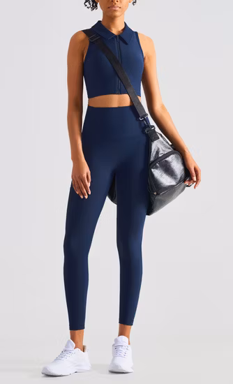 Women&prime; S Summer Air Lu Nake Feelings Rib Zipper Turtleneck Crop Tops Leggings Tennis Wear Clothing Yoga Set