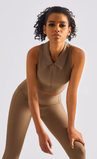 Women&prime; S Summer Air Lu Nake Feelings Rib Zipper Turtleneck Crop Tops Leggings Tennis Wear Clothing Yoga Set