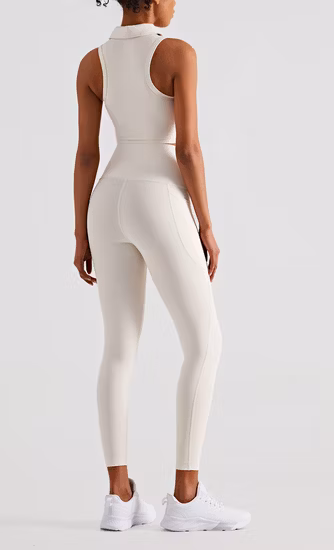 Women&prime; S Summer Air Lu Nake Feelings Rib Zipper Turtleneck Crop Tops Leggings Tennis Wear Clothing Yoga Set