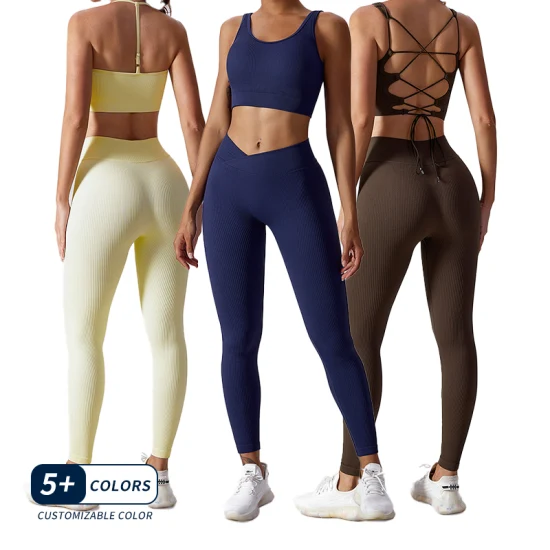 Vendita all'ingrosso OEM/ODM donna 2 pezzi leggings + reggiseno abbigliamento abbigliamento costola yoga set palestra allenamento fitness set sportivi attivi